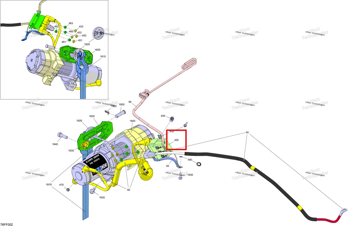 Деталь 710009454 (Соленоид Can-Am Outlander 4x4 XT 1000R (2025) (710009454)) на схеме узла 2026 Can-Am OUTLANDER - 4X4 - XT - 1000R - 4FTE - CALI - Compass Green Electric - Winch