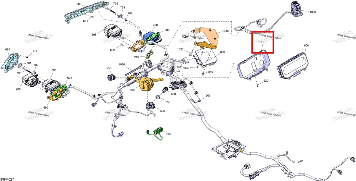 Деталь 710009602 (Int указатель опора Can-Am Outlander 4x4 XT 1000R (2025) (710009602)) на схеме узла 2026 Can-Am OUTLANDER - 4X4 - DPS - 1000R - 4DTA - Granite Grey Electric - Front Section