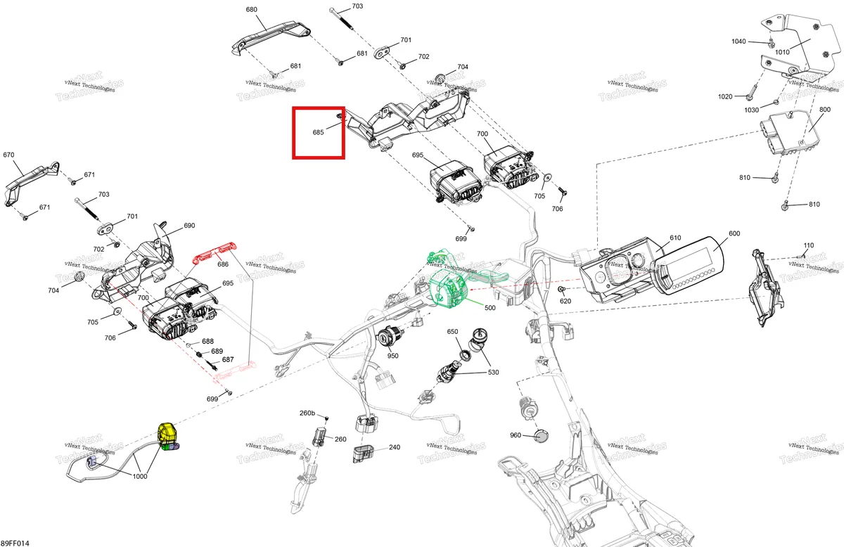 Деталь 710009678 (Правый передний фара опора Can-Am Outlander 4x4 DPS 700 (2025) (710009678)) на схеме узла 2026 Can-Am OUTLANDER - 2X4 - STD - 500 - 1KTB - Legion Red Electric - Front Section