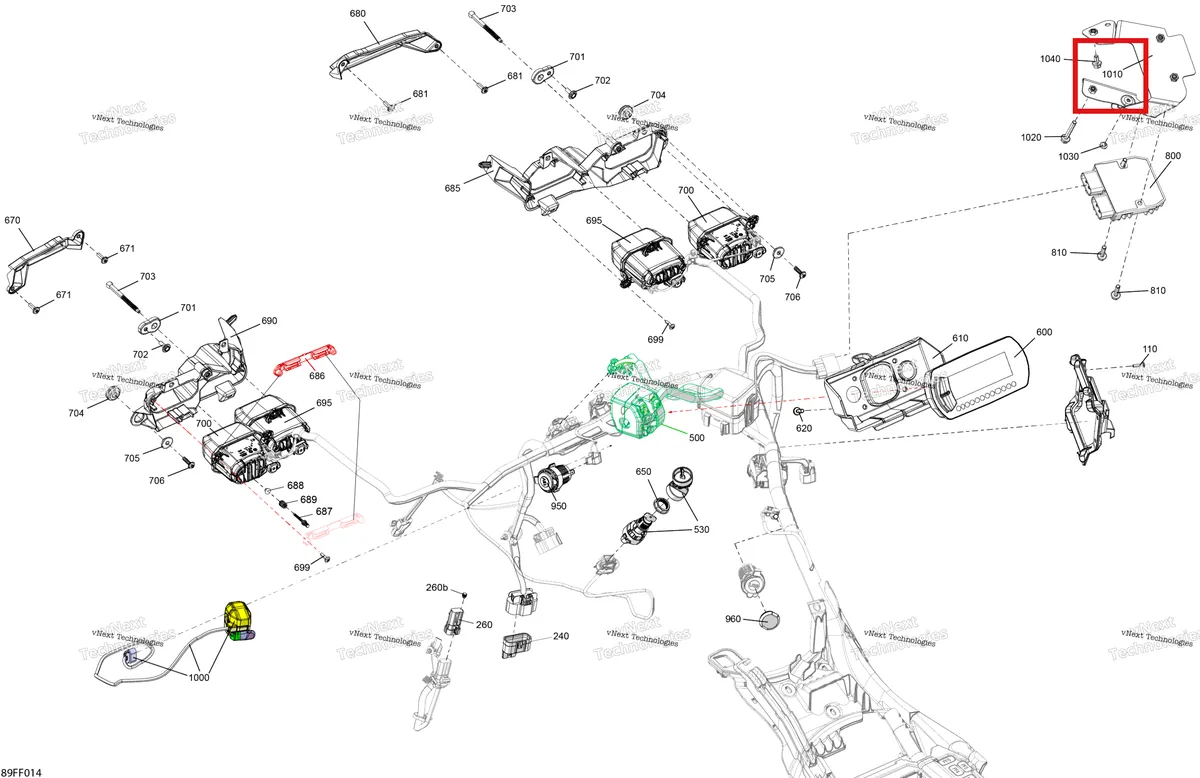 Деталь 710009942 (Регулятор напряжения опора Can-Am Outlander 4x4 XT 1000R (2025) (710009942)) на схеме узла 2026 Can-Am OUTLANDER - 2X4 - STD - 500 - 1KTB - Legion Red Electric - Front Section