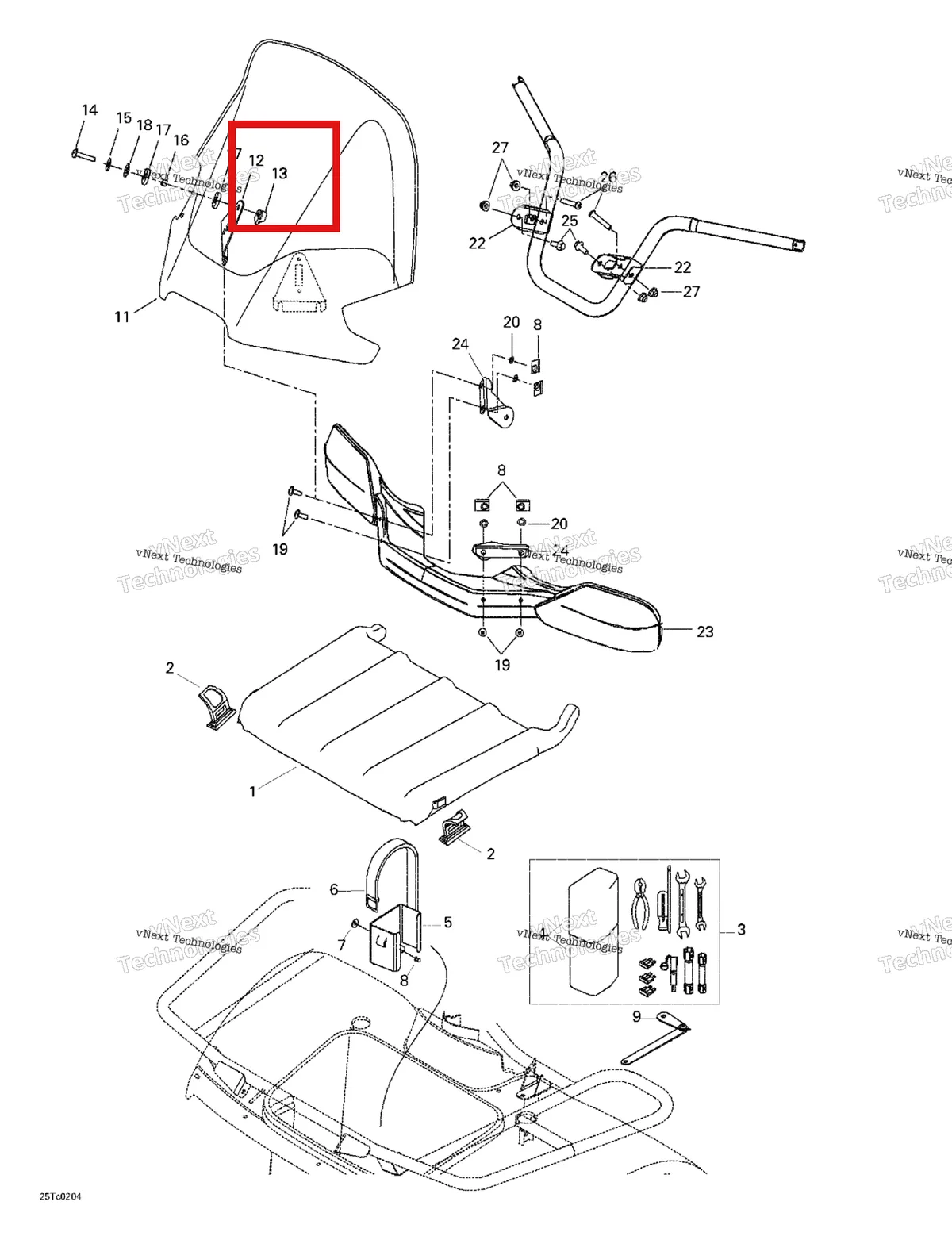 Деталь 715000054 на схеме узла 2002 Can-Am Quest XT Windshield And Front Tray