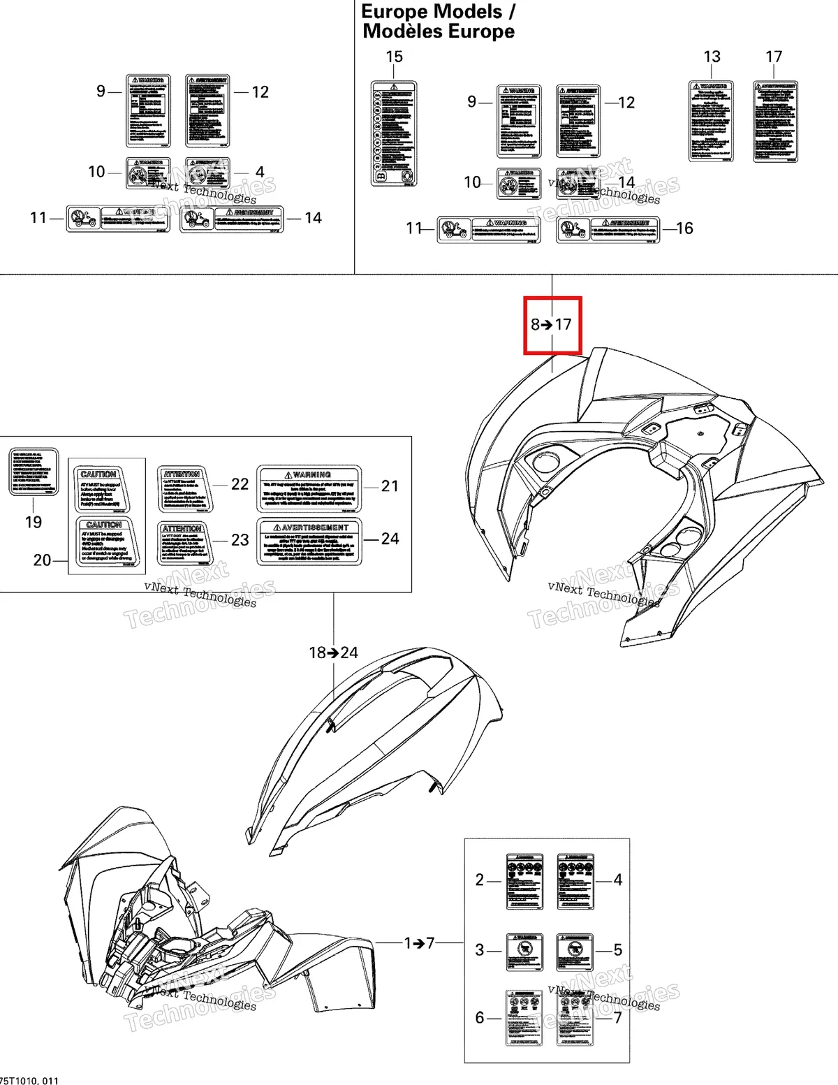 Деталь 715000744 на схеме узла 2010 Can-Am Renegade 500 EFI Fender And Central Panel Kit