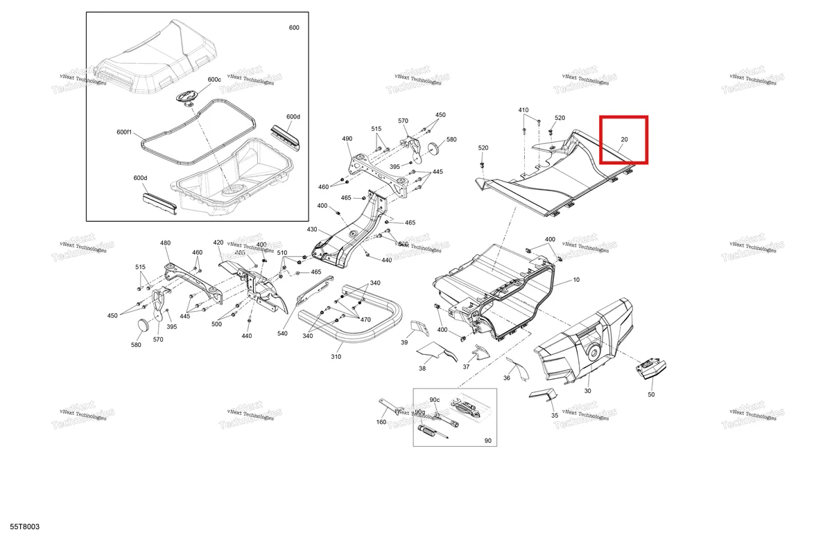 Деталь 715002635 на схеме узла 2018 Can-Am OUTLANDER MAX - 4X4 - XT - 1000R - 5UJA - Intense Red Satin Body - Rear Storage Tray