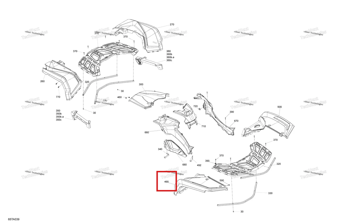 Деталь 715007635 на схеме узла 2021 Can-Am Outlander 650 EFI - STD DPS XT Mossy Oak Edition Body - Fender Kit