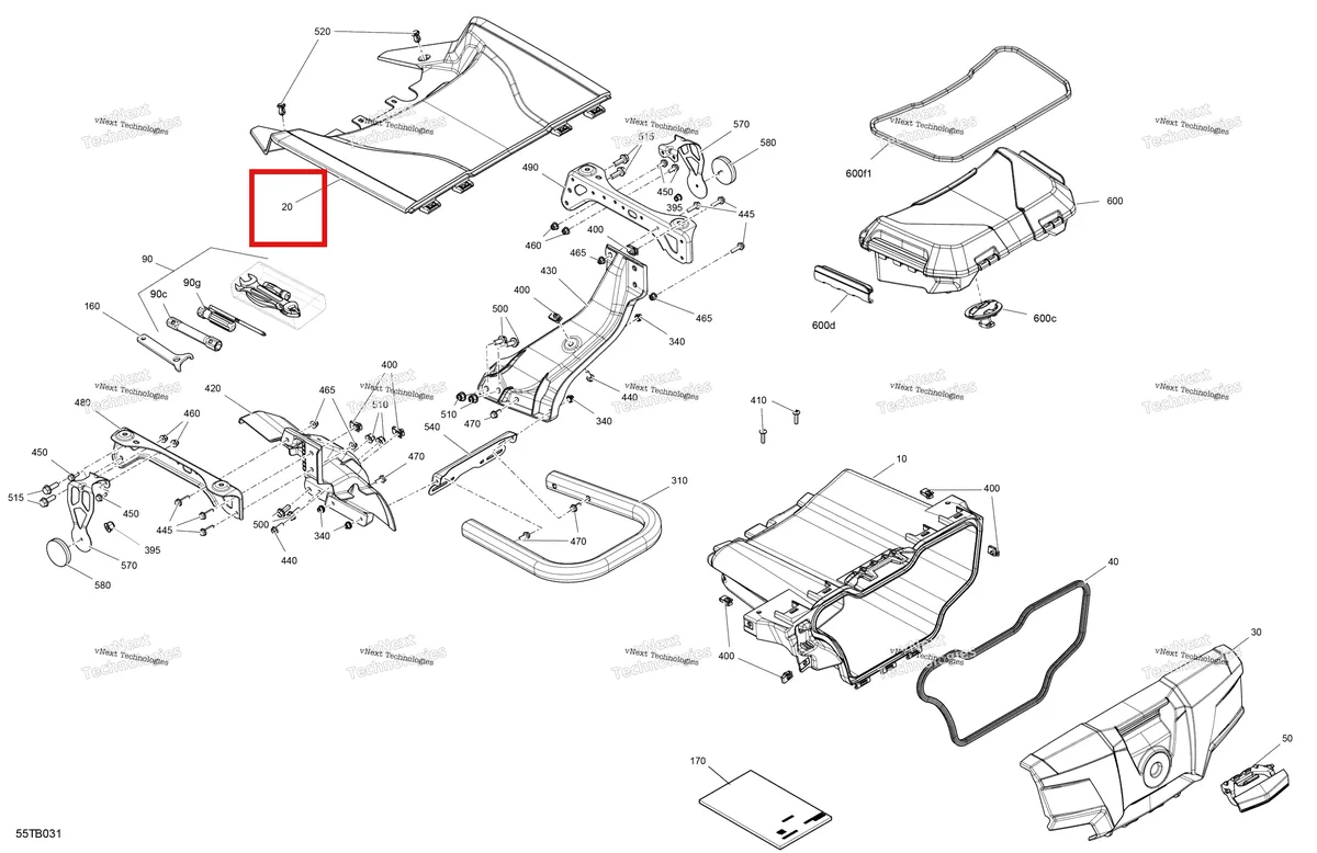 Деталь 715007683 на схеме узла 2022 Can-Am Outlander 1000R EFI - XMR - CE Body - Front Storage Tray