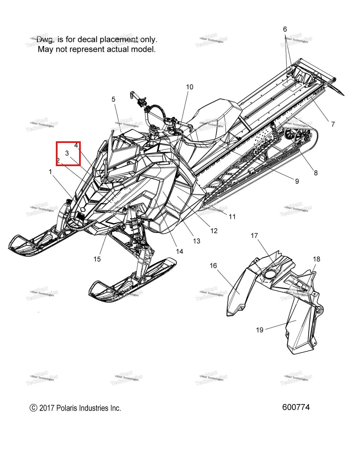 Деталь 7181826 (Наклейка капот TOP RMK Polaris 800 AXYS Pro RMK LE 155 (2017) (7181826)) на схеме узла Body, Decal