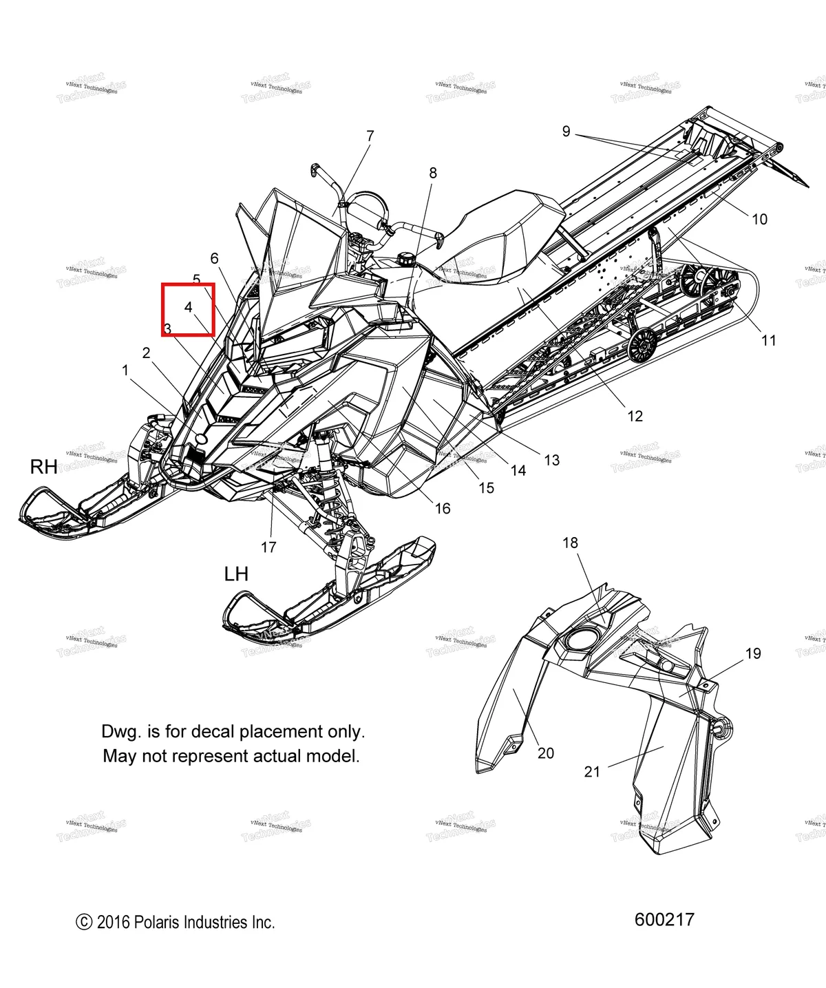 Деталь 7183505 (Наклейка капот верхний Polaris 800 AXYS Pro RMK LE 155 (2017) (7183505)) на схеме узла Body, Decal, Snow Check Opt. (600217)