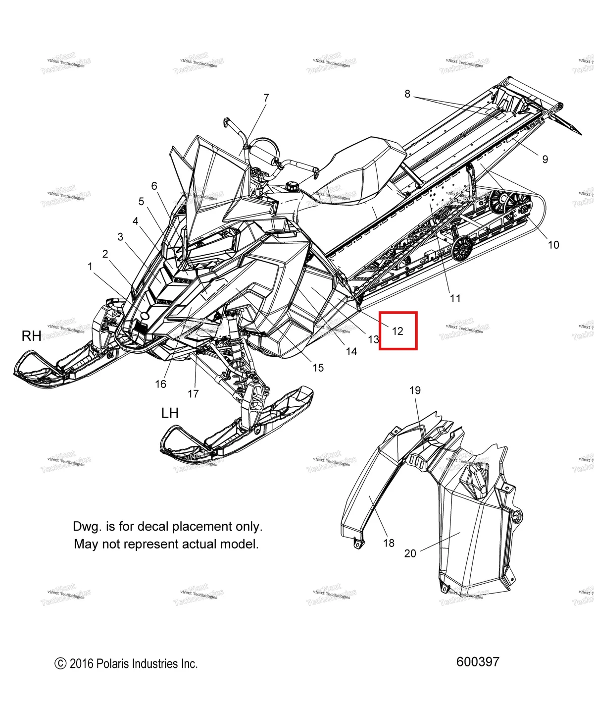 Деталь 7183523 (Наклейка крыло 800 левый Polaris 800 AXYS Pro RMK LE 155 (2017) (7183523)) на схеме узла Body, Decal, Snow Check Opt. S17eft8 (600397)