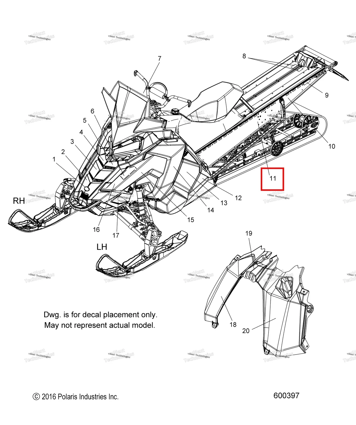 Деталь 7183527 (Наклейка тоннель AXYS левый Polaris 800 AXYS Pro RMK LE 155 (2017) (7183527)) на схеме узла Body, Decal, Snow Check Opt. S17eft8 (600397)
