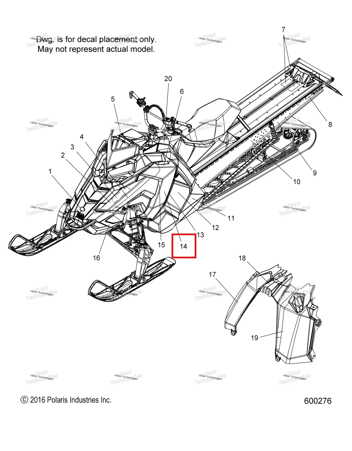 Деталь 7183611 (Наклейка боковая панель PRO левый Polaris 800 AXYS Pro RMK LE 155 (2017) (7183611)) на схеме узла Body, Decal, Snow Check Blk/Pink, Blk/Red