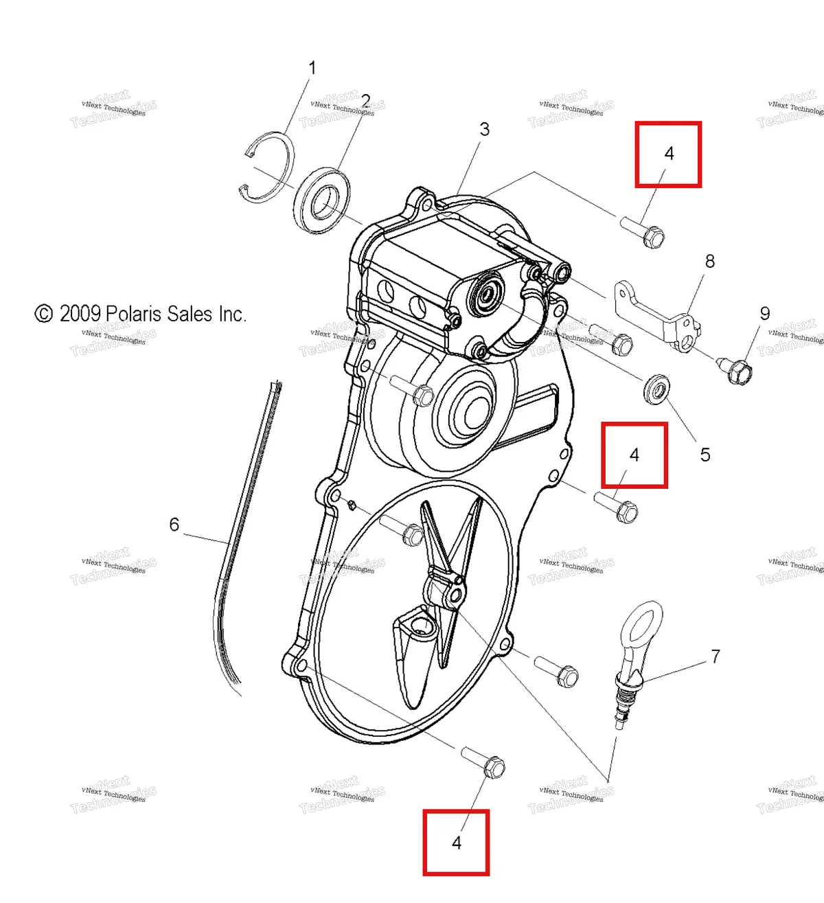 Деталь 7512225 (Винт Polaris Widetrak LX (2006) (7512225)) на схеме узла Drive Train, Gearcase Cover Asm. & Dipstick