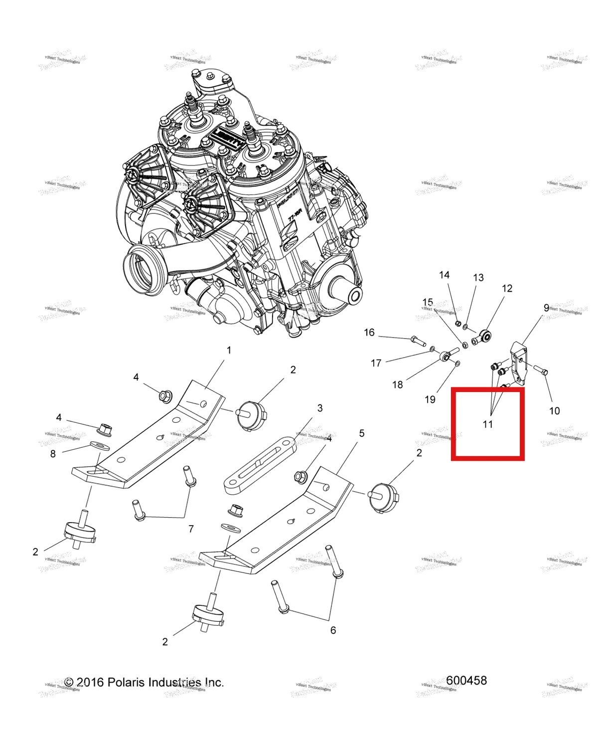 Деталь 7516730 (Винт и шайба в сборе Polaris Widetrak LX (2006) (7516730)) на схеме узла Engine, Mounting