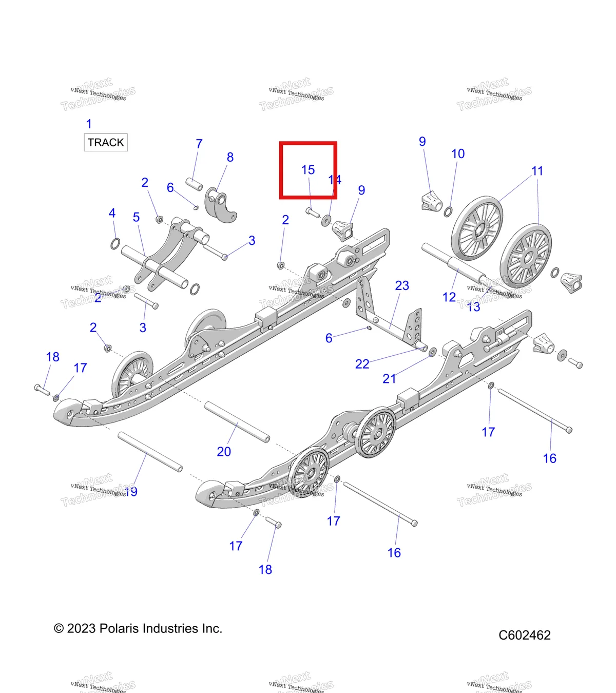 Деталь 7517731 (Болт 3/8 16 X1 25 10 Polaris Widetrak LX (2006) (7517731)) на схеме узла Suspension, Rear & Track
