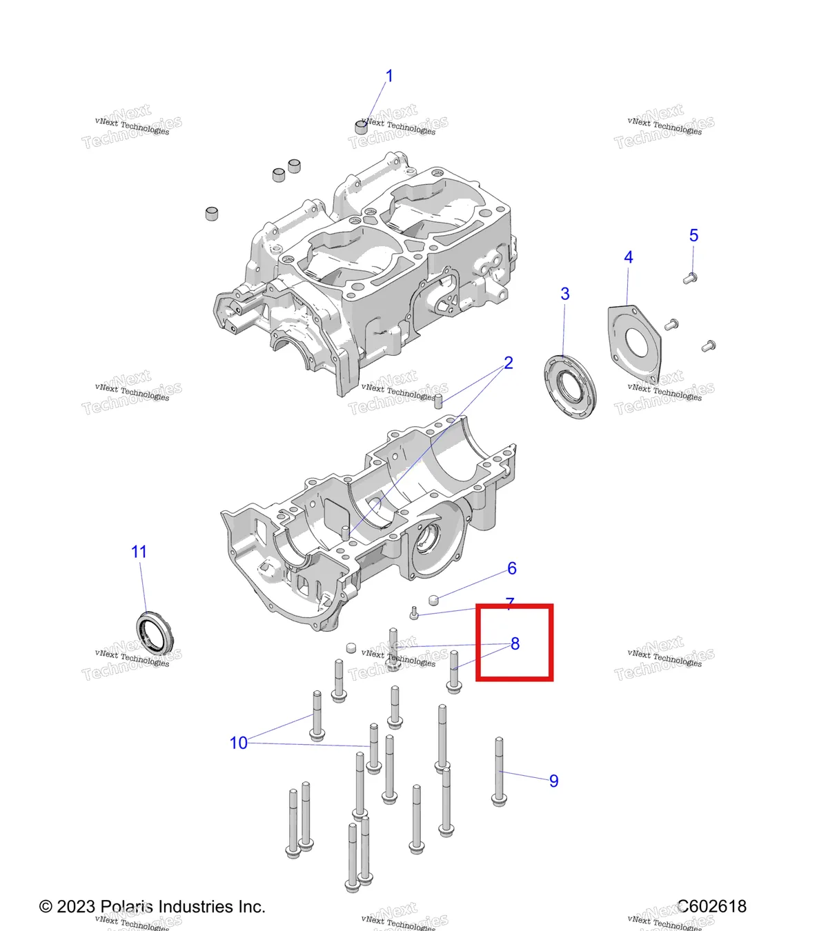 Деталь 7517786 (Болт M8 X1 25 X45 Polaris 800 AXYS Pro RMK LE 155 (2017) (7517786)) на схеме узла Engine, Crankcase