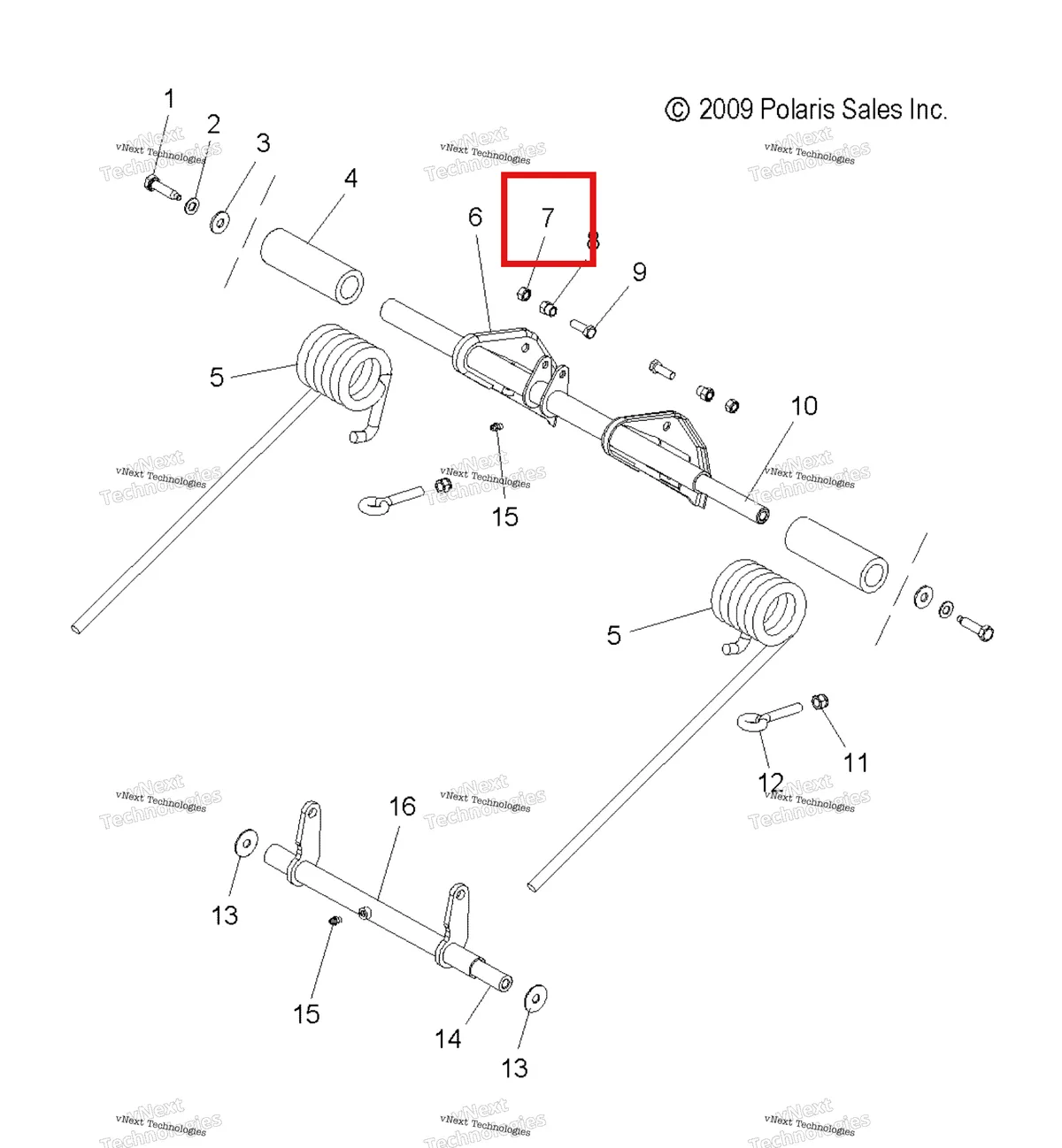 Деталь 7542302 (Гайка замок Polaris Widetrak LX (2006) (7542302)) на схеме узла Suspension, Torque Arm, Rear & Pivot Arm