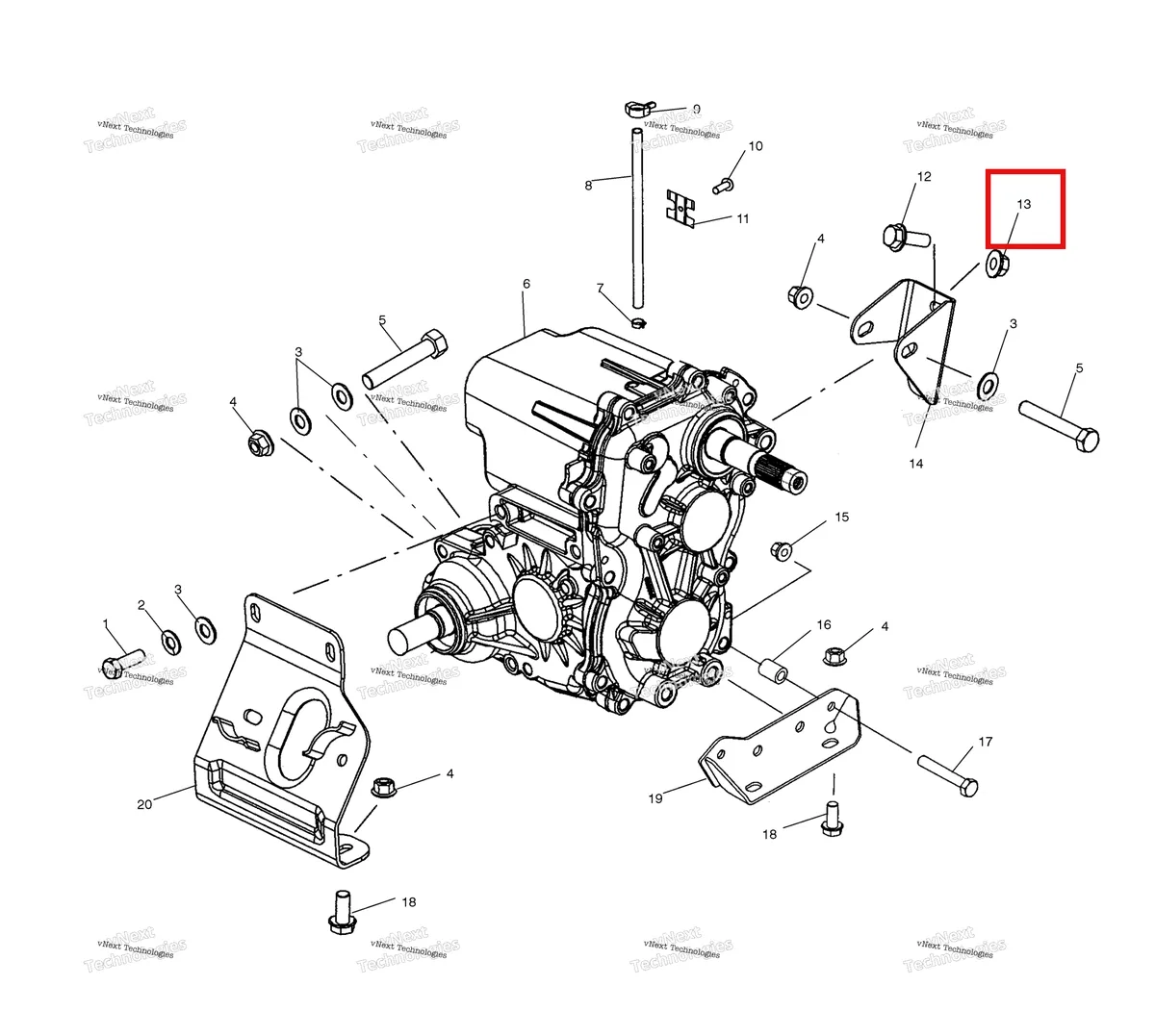 Деталь 7542321 (Гайка фланцевая Polaris Widetrak LX (2006) (7542321)) на схеме узла Transmission Mounting