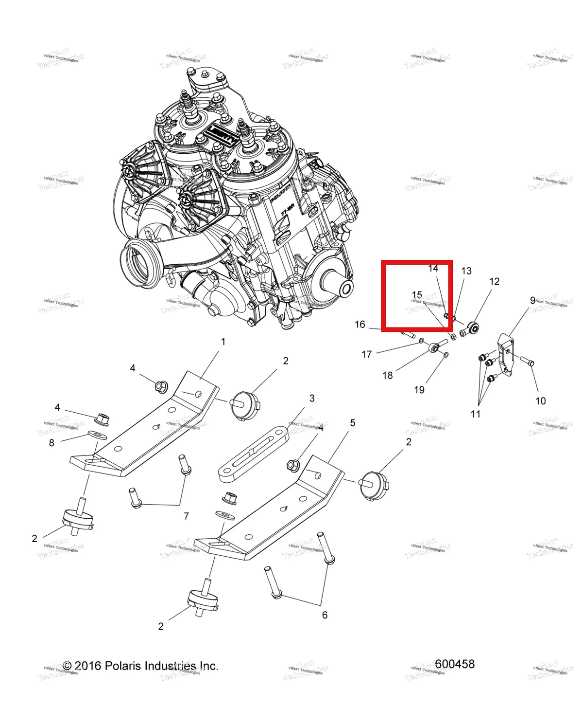 Деталь 7542401 (Гайка шестигранный правый 10 правый Polaris Widetrak LX (2006) (7542401)) на схеме узла Engine, Mounting