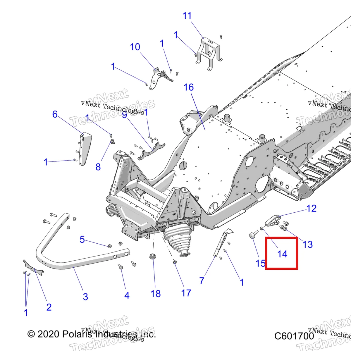 Деталь 7542414 (Гайка шестигранный Polaris Widetrak LX (2006) (7542414)) на схеме узла Chassis, Front Asm