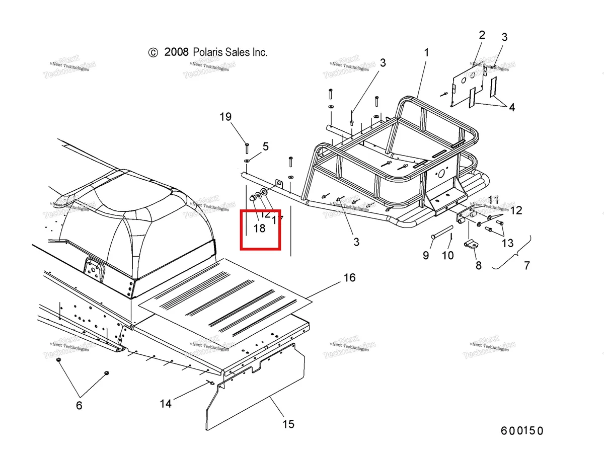 Деталь 7542458 (Гайка Polaris Widetrak LX (2006) (7542458)) на схеме узла Chassis, Rack Asm. & Snow Flap