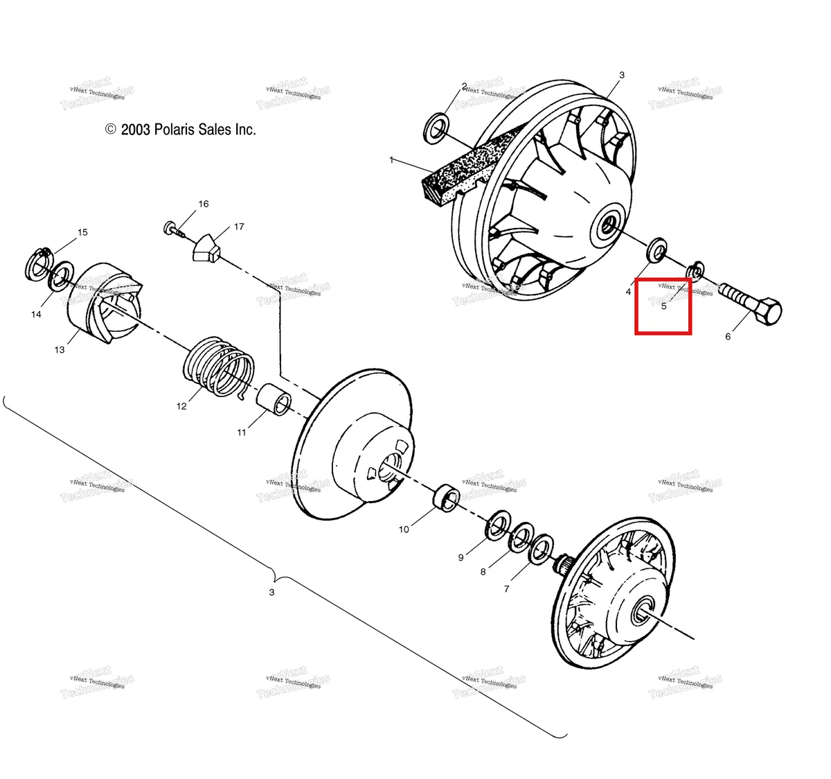 Деталь 7552901 (Пружина шайба стопорная Polaris Widetrak LX (2006) (7552901)) на схеме узла Driven Clutch