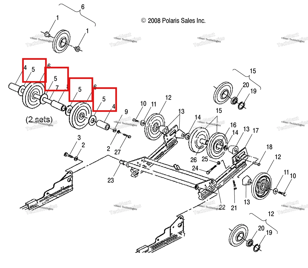 Деталь 7555726 (Шайба Polaris Widetrak LX (2006) (7555726)) на схеме узла Suspension Extension