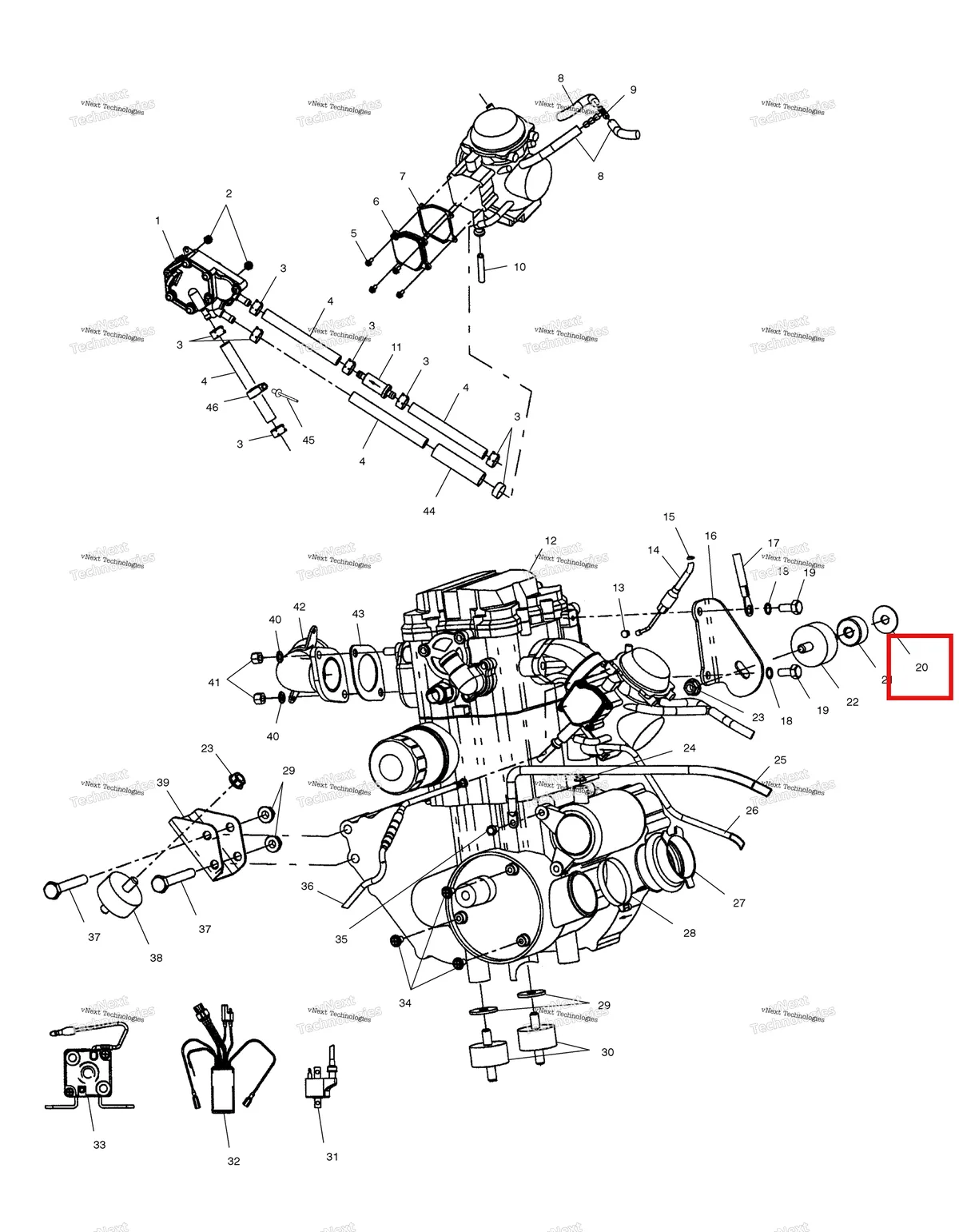 Деталь 7555823 (Шайба Polaris Widetrak LX (2006) (7555823)) на схеме узла Engine Mounting