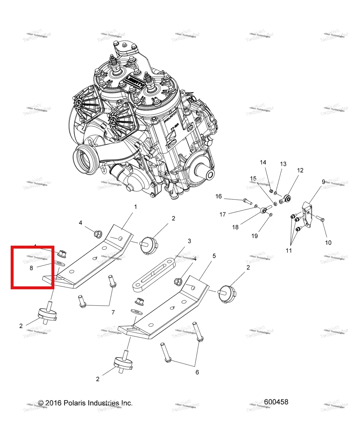 Деталь 7555893 (Шайба плоский 10 Polaris 800 AXYS Pro RMK LE 155 (2017) (7555893)) на схеме узла Engine, Mounting
