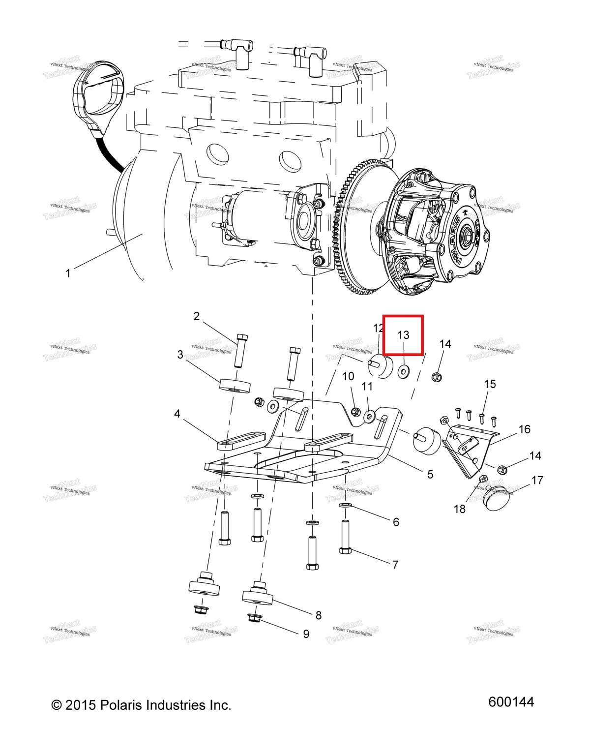 Деталь 7555915 (Шайба плоский 10 Polaris Widetrak LX (2006) (7555915)) на схеме узла Engine, Mounting & Short Block