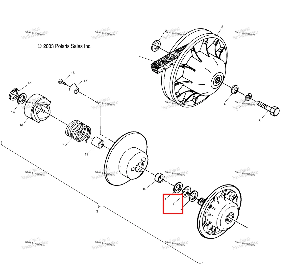Деталь 7556076 (Шайба 1.50 × 2.00 × 025 Polaris Widetrak LX (2006) (7556076)) на схеме узла Driven Clutch