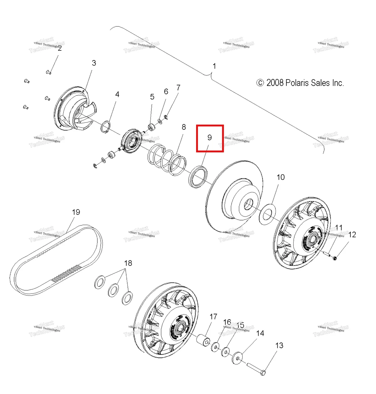Деталь 7556227 (Шайба упорный Polaris 800 AXYS Pro RMK LE 155 (2017) (7556227)) на схеме узла Drive Train, Clutch, Secondary