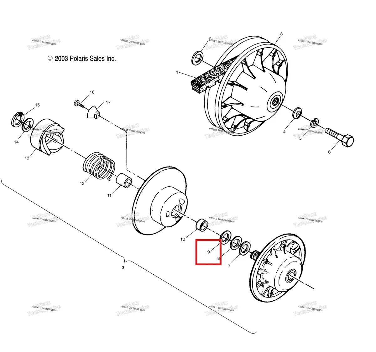Деталь 7556804 (Шайба 1.505 × 2.00 × 0.30 Polaris Widetrak LX (2006) (7556804)) на схеме узла Driven Clutch