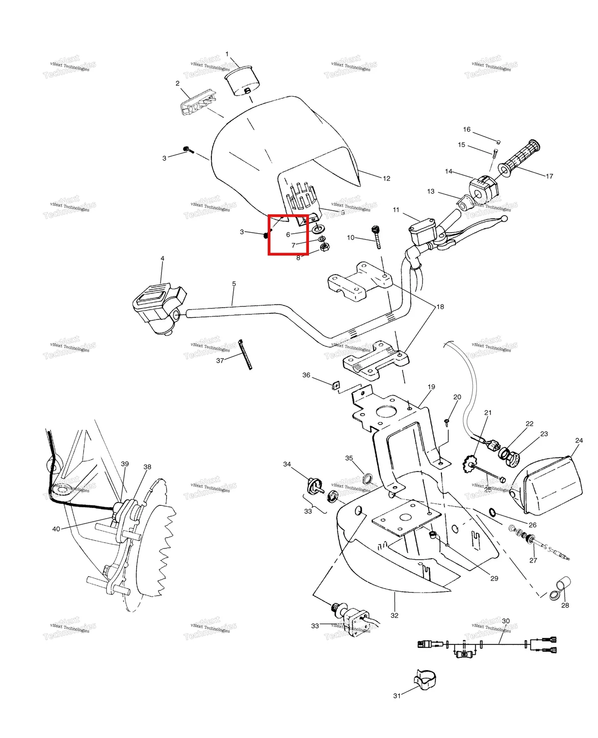 Деталь 7558212 (Шайба 13/64 X1 / 2 X18 GA FL Y 10 Polaris Widetrak LX (2006) (7558212)) на схеме узла Handlebar & Headlight Pod