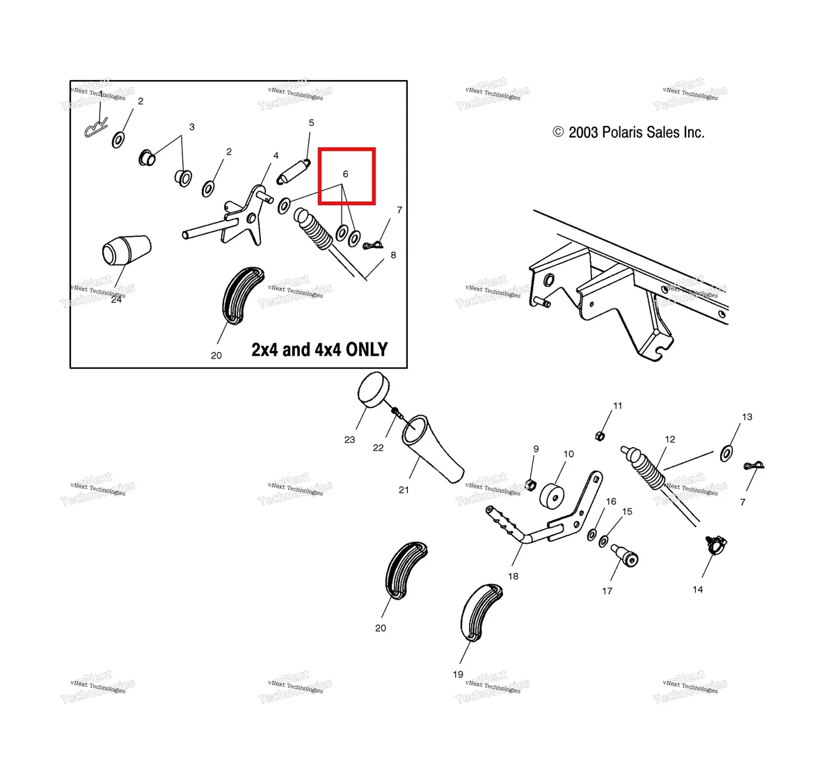 Деталь 7558302 (Шайба WROUGHT Polaris Widetrak LX (2006) (7558302)) на схеме узла Gear Selector/Differential Lock