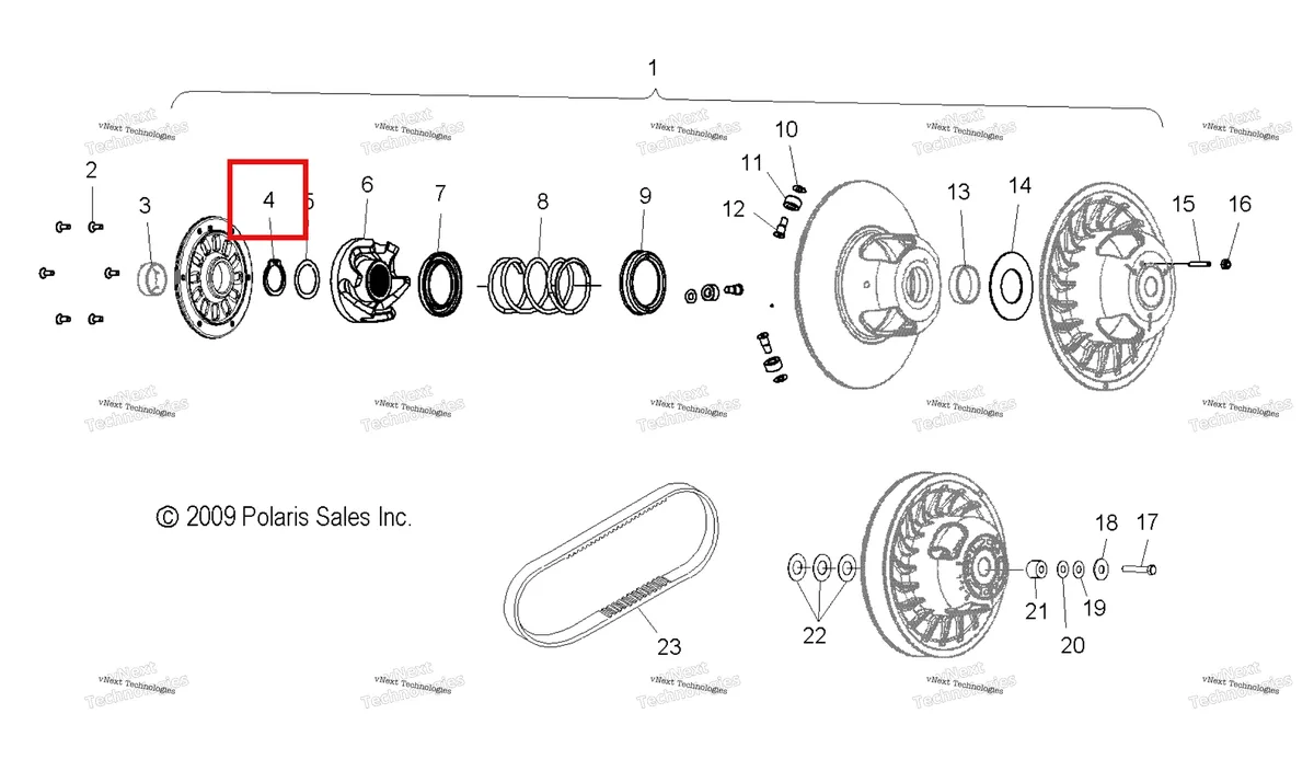 Деталь 7714804 (Стопорное кольцо Polaris Widetrak LX (2006) (7714804)) на схеме узла Drive Train, Clutch, Secondary