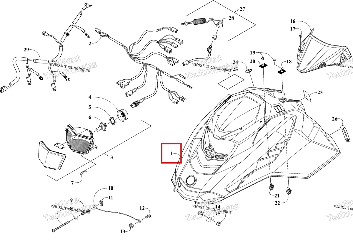 Деталь 7718-165 на схеме узла 2026 Ski-Doo MXZ 200 Hood, Headlight And Windshield