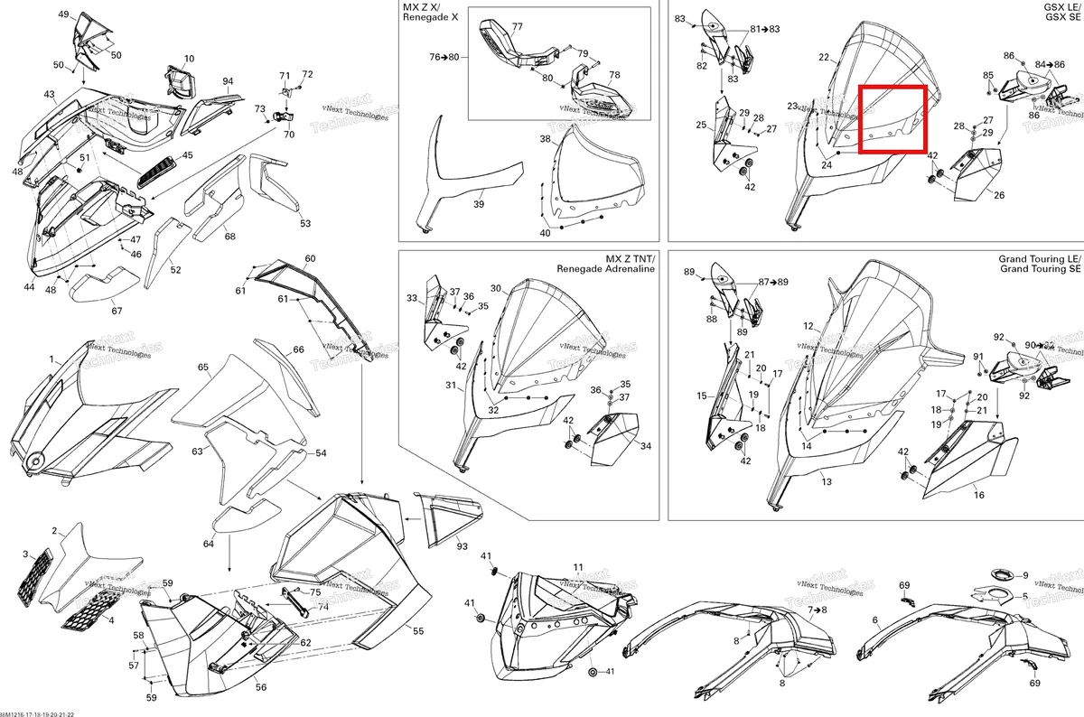Деталь 860200711 на схеме узла 2012 Ski-Doo Renegade X & Adrenaline 1200 XR Hood, Windshield And Console X