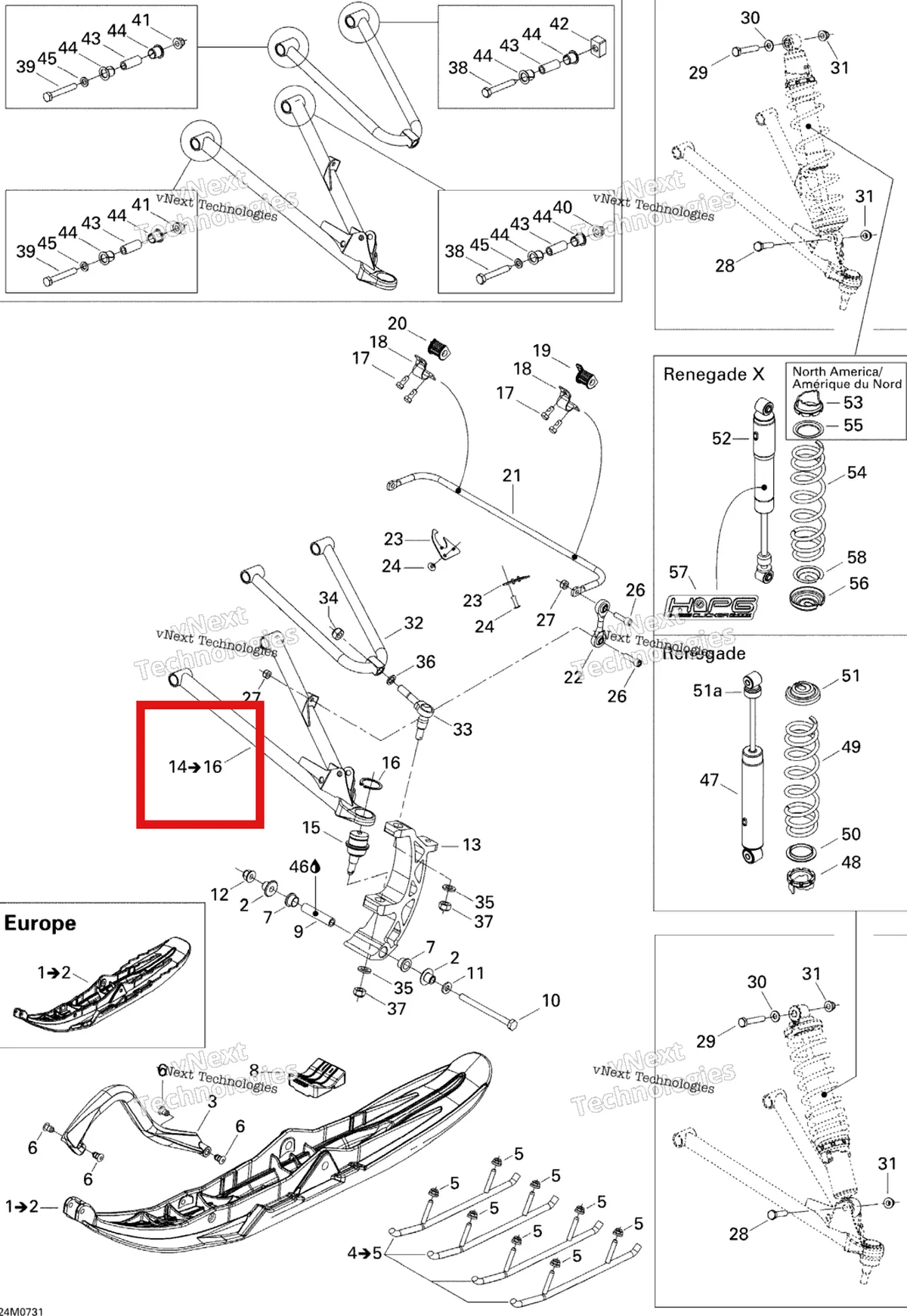 Деталь 860513600 на схеме узла 2007 Ski-Doo MX Z 1000 SDI Renegade RT Front Suspension And Ski