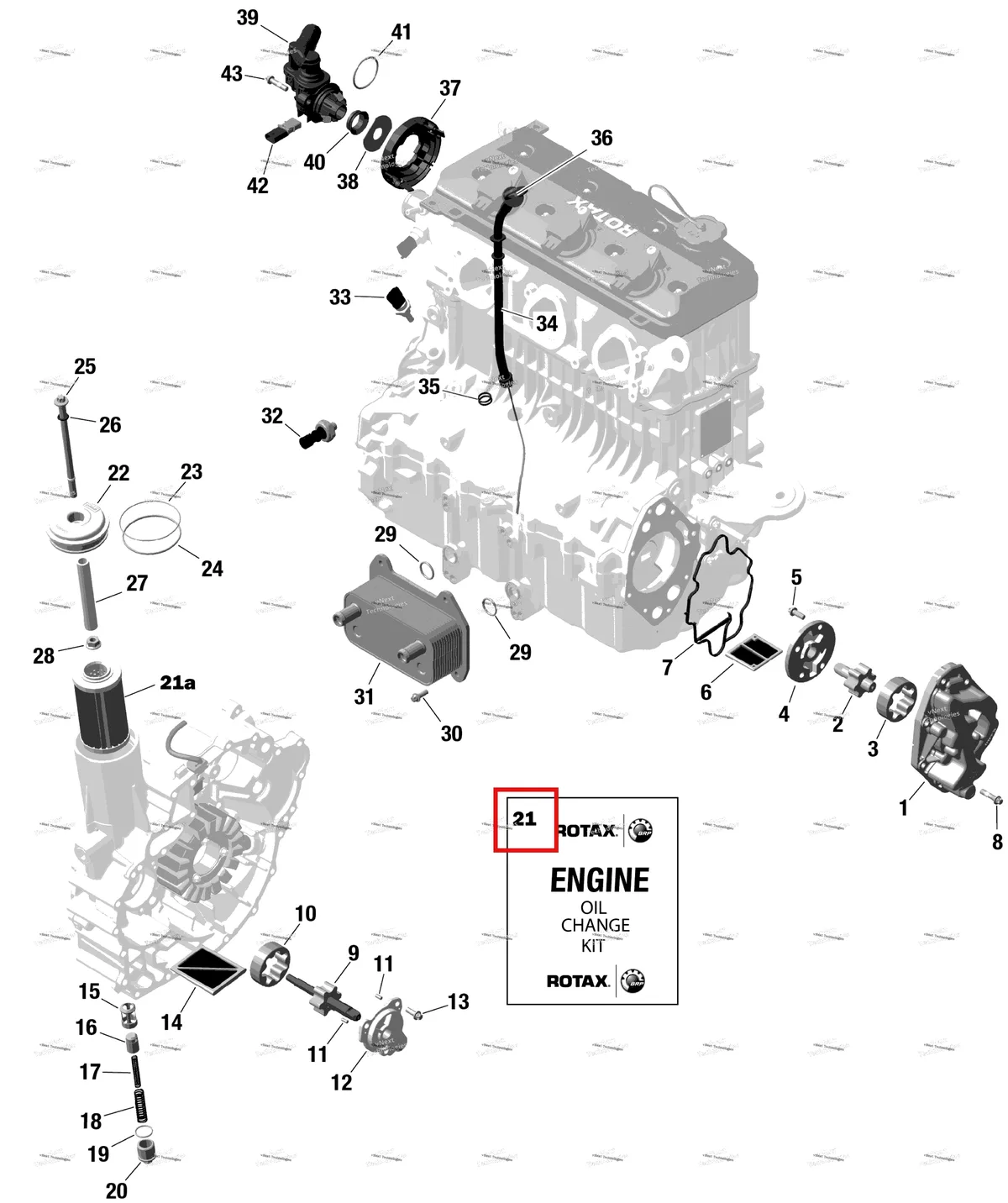 Деталь 9779251 (4 T 5 W 40 Synthetic Blend масляный Change комплект для engines of 1500 cc or more Sea-Doo GTX 230 (2023) (9779251)) на схеме узла 2024 Sea-Doo WAKE 170 - 35RA - Base package - Neo Mint Rotax - Engine Lubrication
