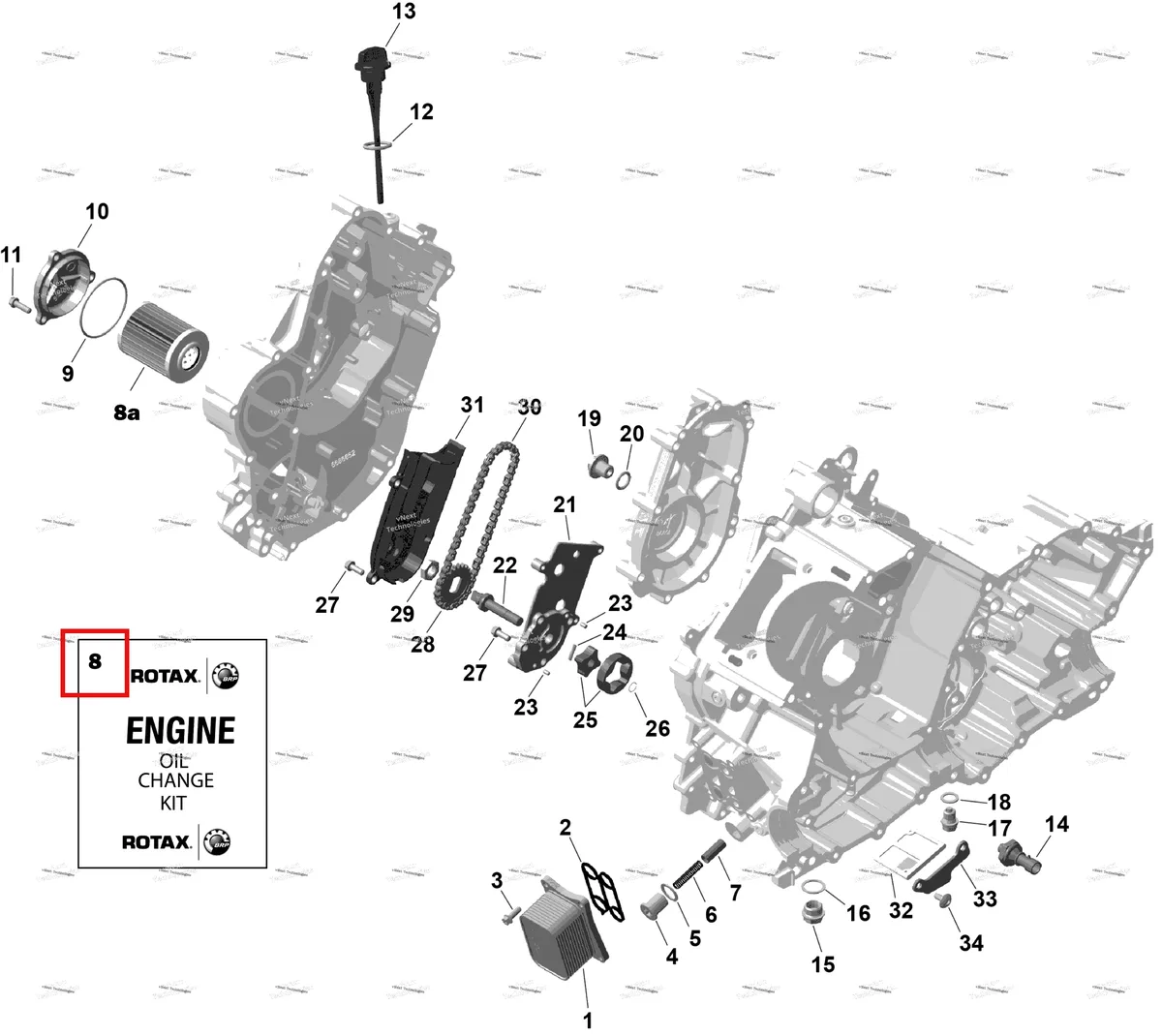 Деталь 9779488 (Can Am масляный Change комплект 5 W40 500 CC Can-Am Commander 1000R EFI XT (2026) (9779488)) на схеме узла 2026 Can-Am OUTLANDER - 4X4 - XT - 1000R - 4FTD - CALI - Fiery Red Metallic Rotax - Engine Lubrication