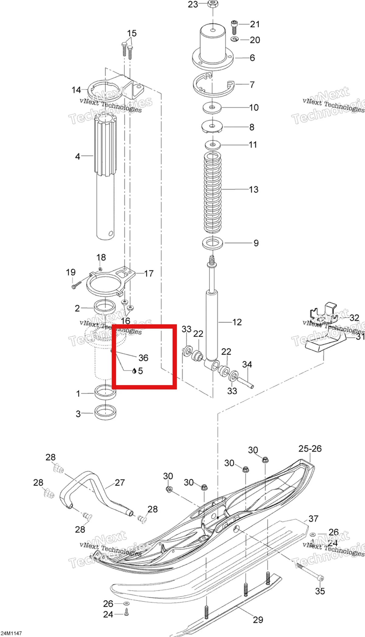 Деталь M34019 (Grease фитинг Ski-Doo Skandic SWT (2009) (M34019)) на схеме узла 2012 Ski-Doo Skandic SWT V800 YetiII Front Suspension And Ski